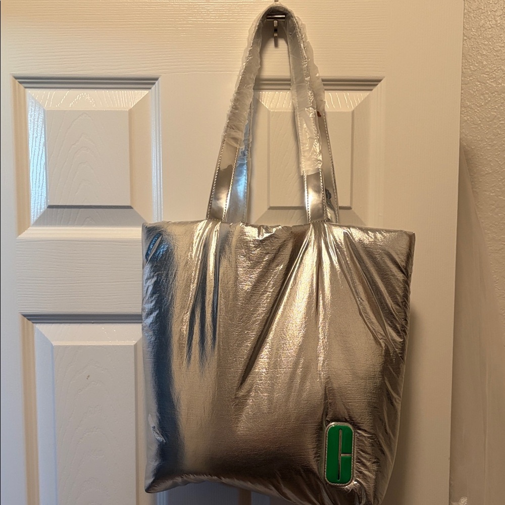 Silver Tote Bag with Green Accent